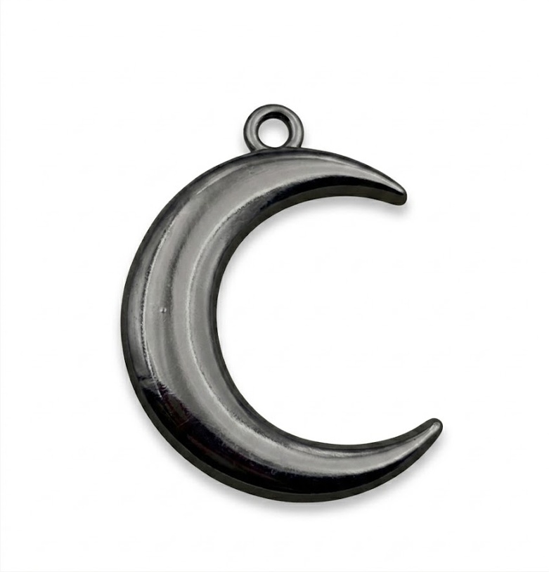custom zinc alloy hang tag gunmetal black crescent shaped — view 1