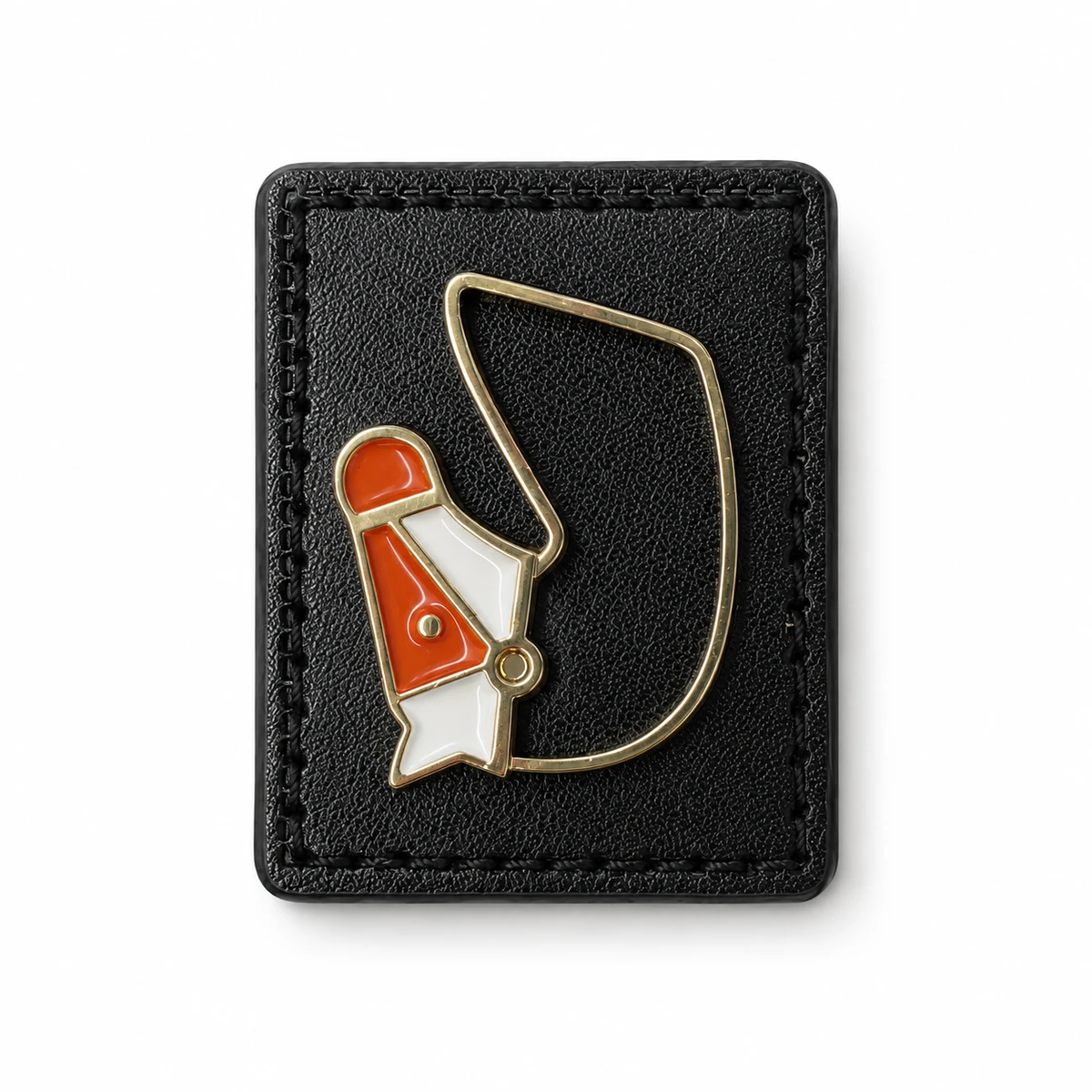Front view of a stylized horse-head metal emblem on a black stitched backing patch