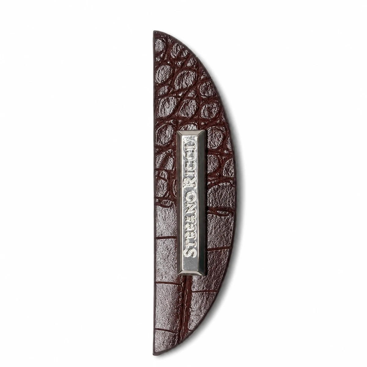 Front view of a vertical silver-tone metal logo plate on a burgundy semicircular textured backing patch