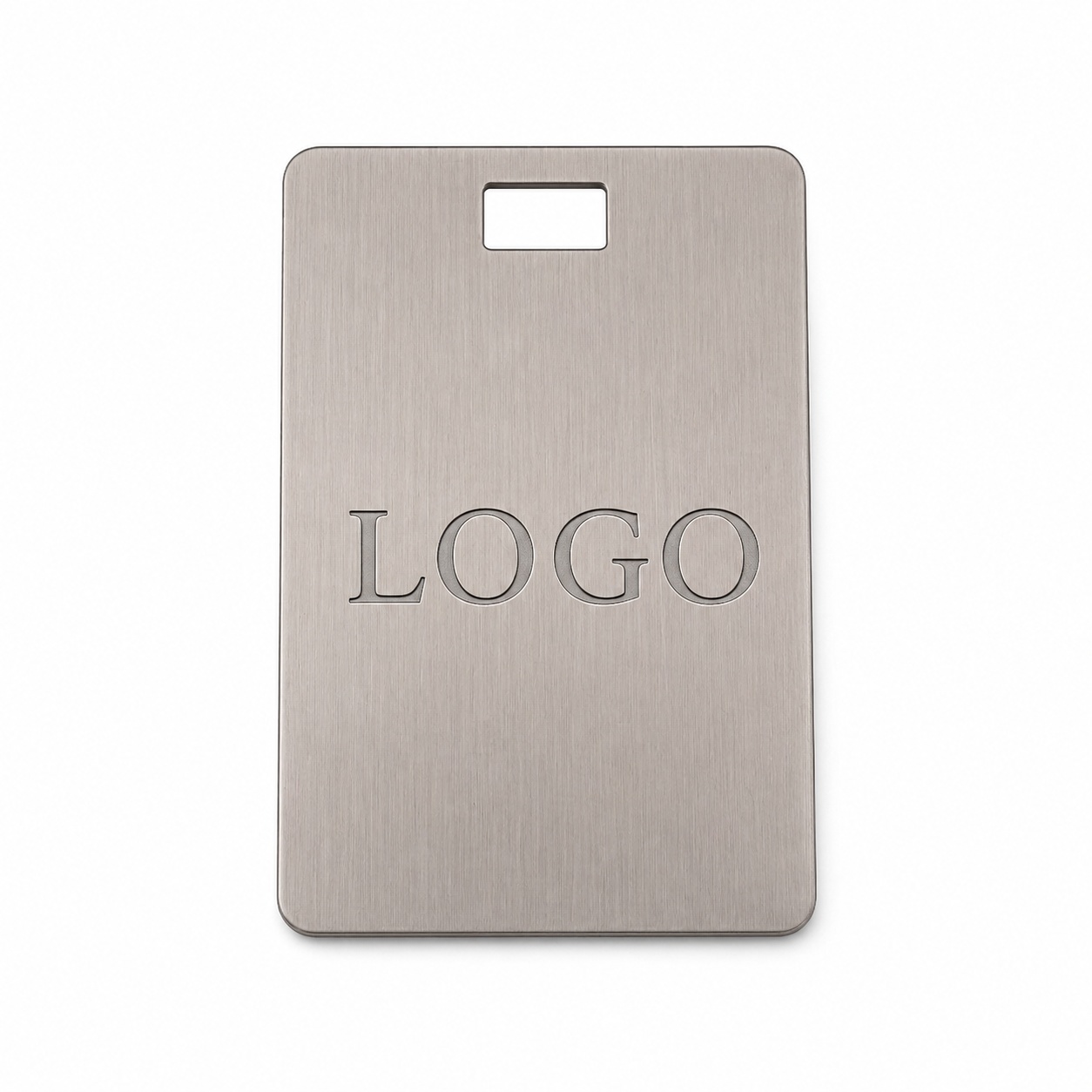 Custom zinc alloy matte silver brushed rectangular hang tag with engraved logo — front view