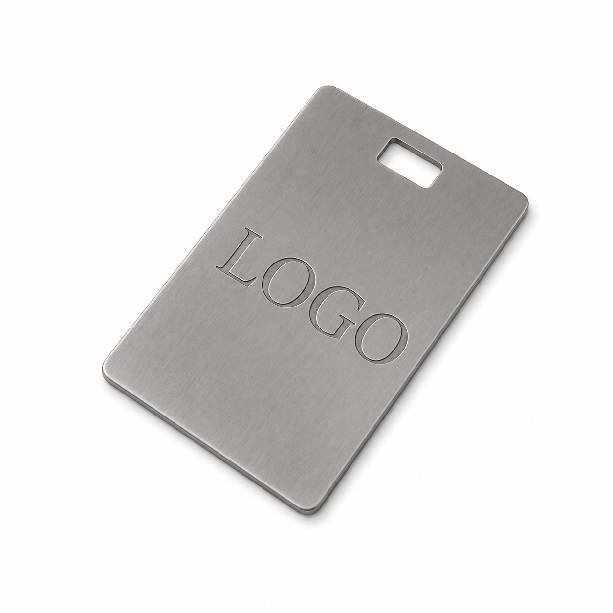 Custom zinc alloy matte silver brushed rectangular hang tag with engraved logo — angled view