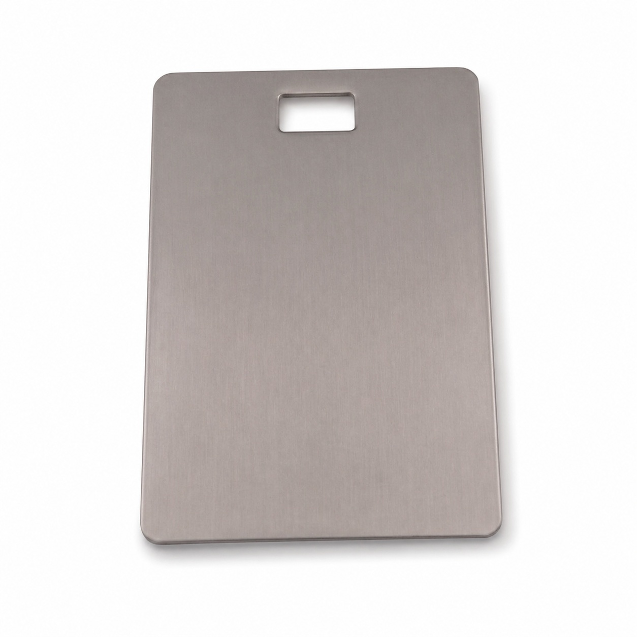 Custom zinc alloy matte silver brushed rectangular hang tag with engraved logo — back view