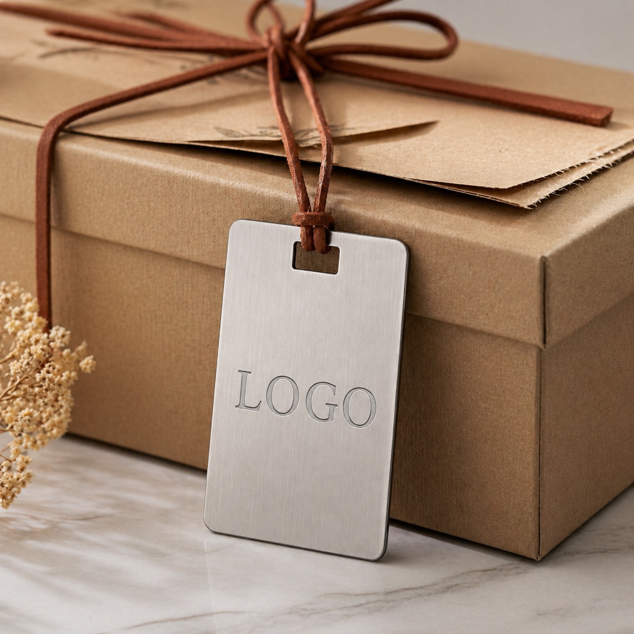 Custom zinc alloy matte silver brushed rectangular hang tag with engraved logo — on gift box