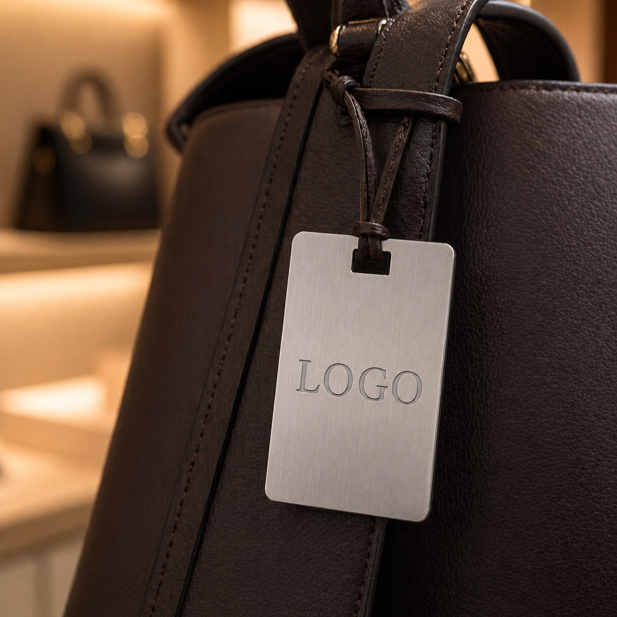 Custom zinc alloy matte silver brushed rectangular hang tag with engraved logo — on leather bag