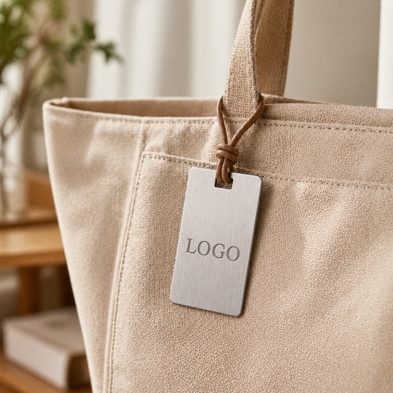 Custom zinc alloy matte silver brushed rectangular hang tag with engraved logo — on tote bag