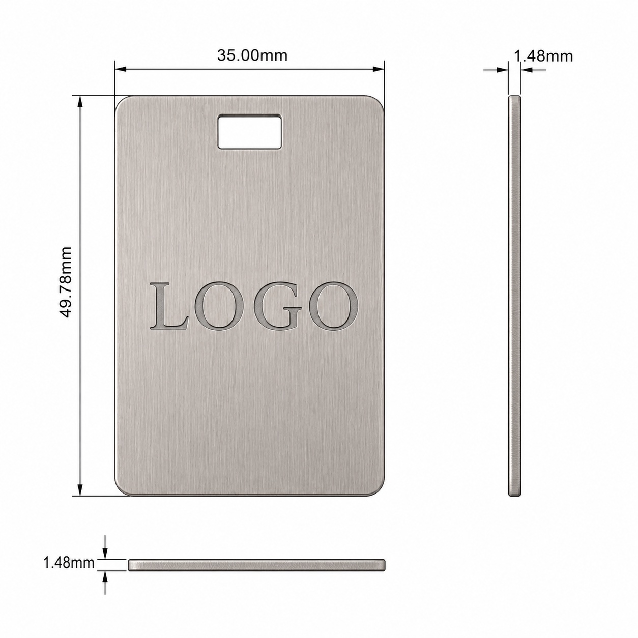 Custom zinc alloy matte silver brushed rectangular hang tag with engraved logo — size drawing
