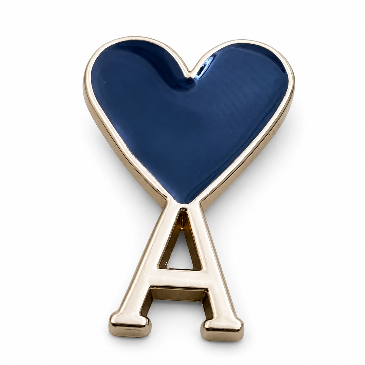 Gold-tone heart-shaped zinc alloy hang tag with blue color-filled face and geometric cutout - view 1