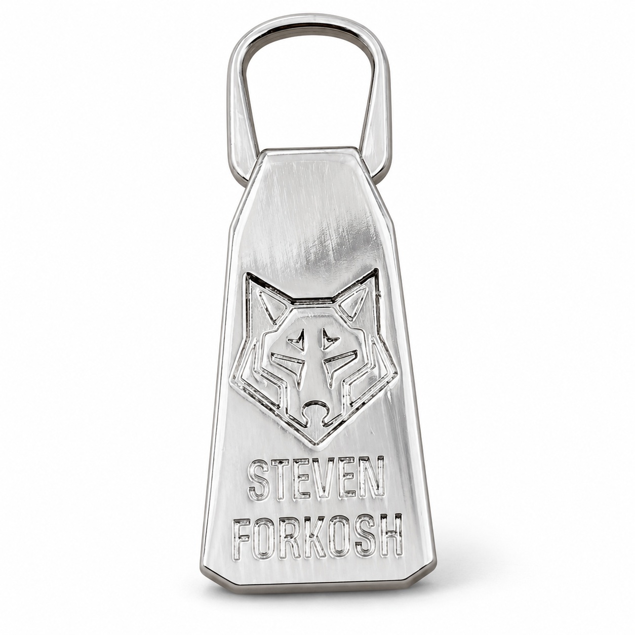custom zinc alloy zipper puller polished silver trapezoid wolf head engraved relief — view 1