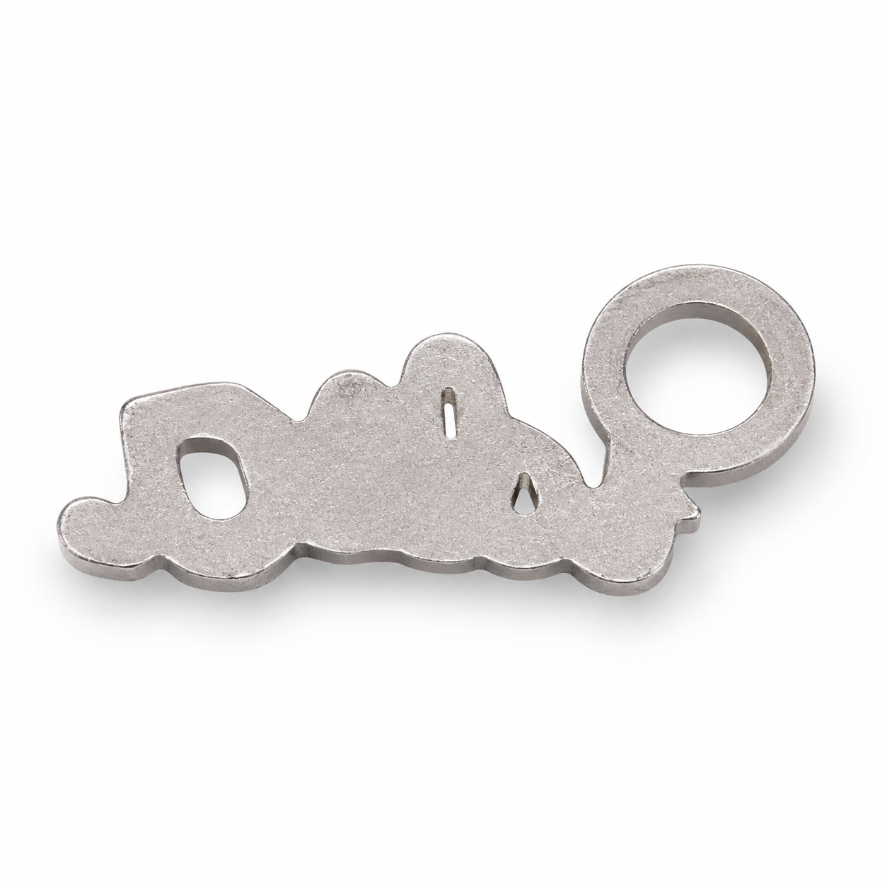 Custom zinc alloy hang tag, matte silver script letter with single hole, for handbags — front view