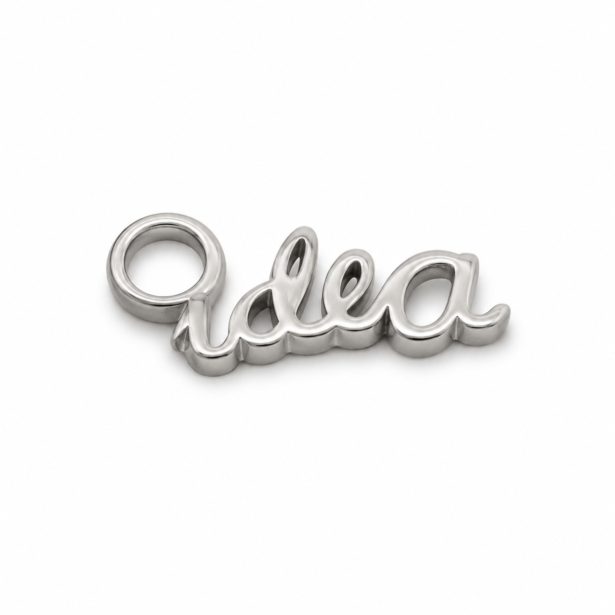 Custom zinc alloy hang tag, matte silver script letter with single hole, for handbags — angled view