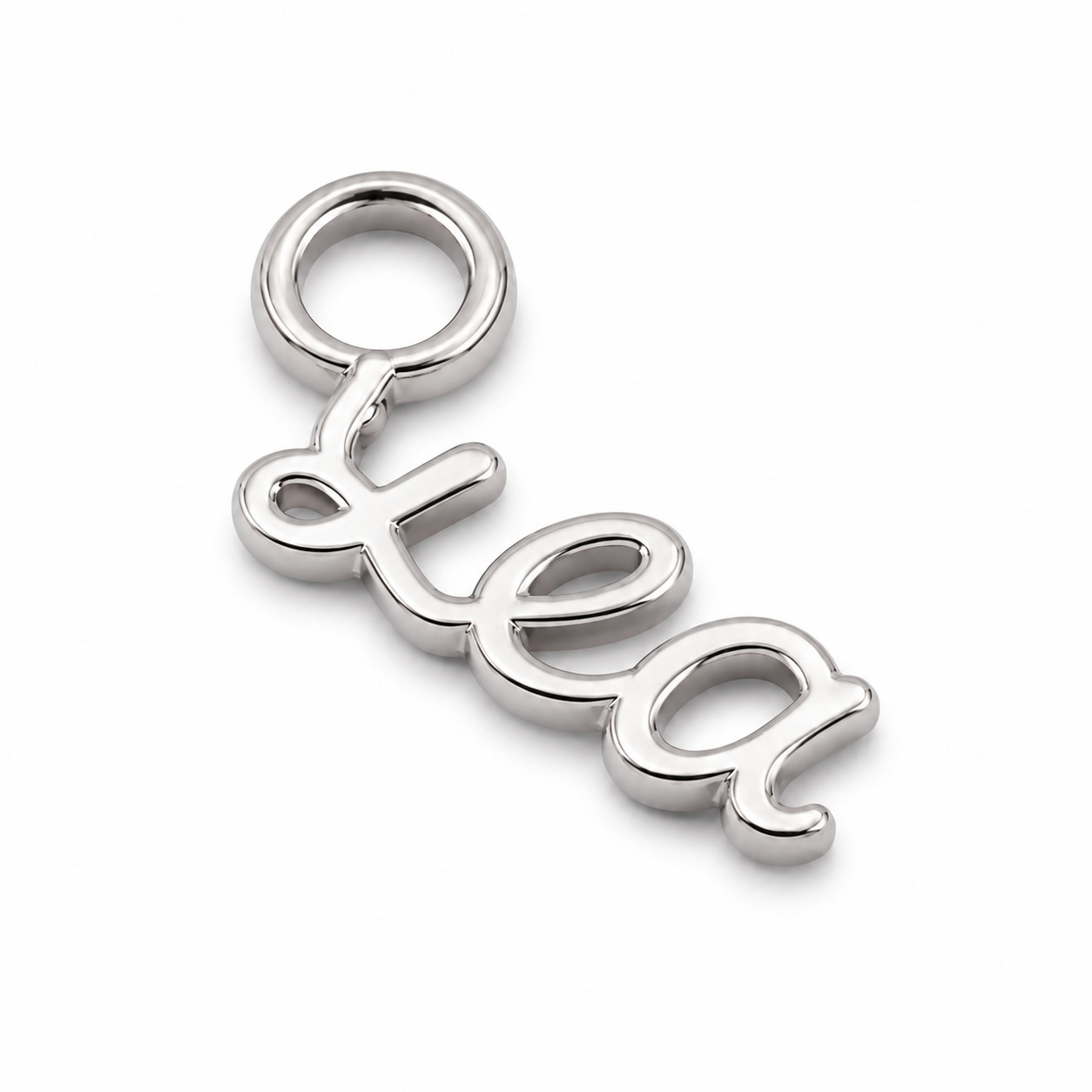 Custom zinc alloy hang tag, matte silver script letter with single hole, for handbags — back view