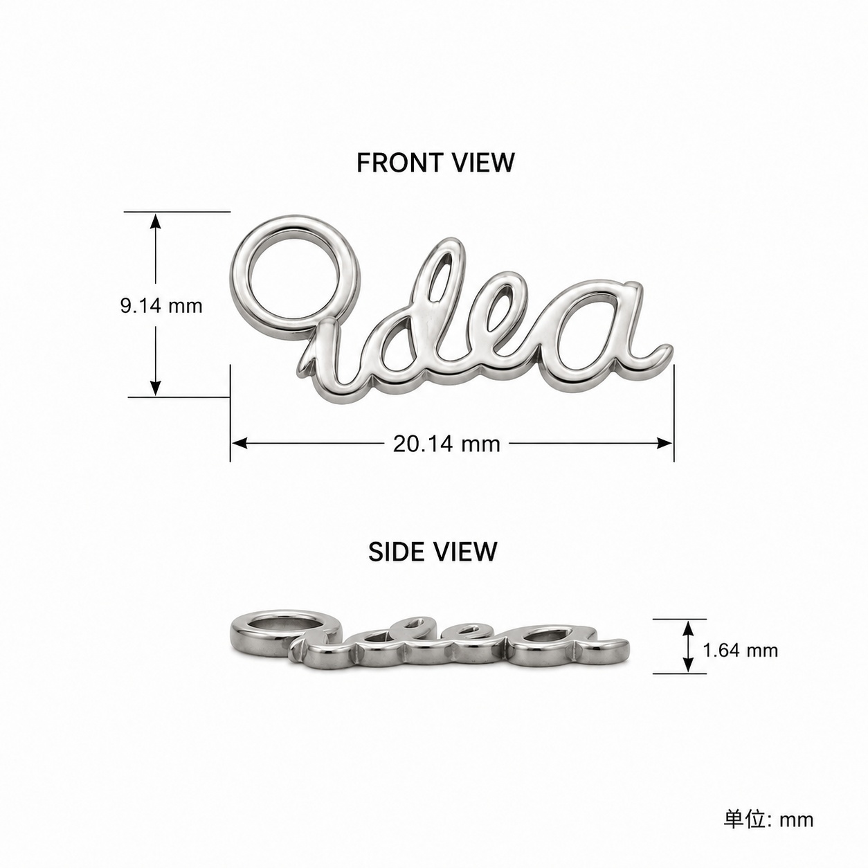 Custom zinc alloy hang tag, matte silver script letter with single hole, for handbags — size drawing